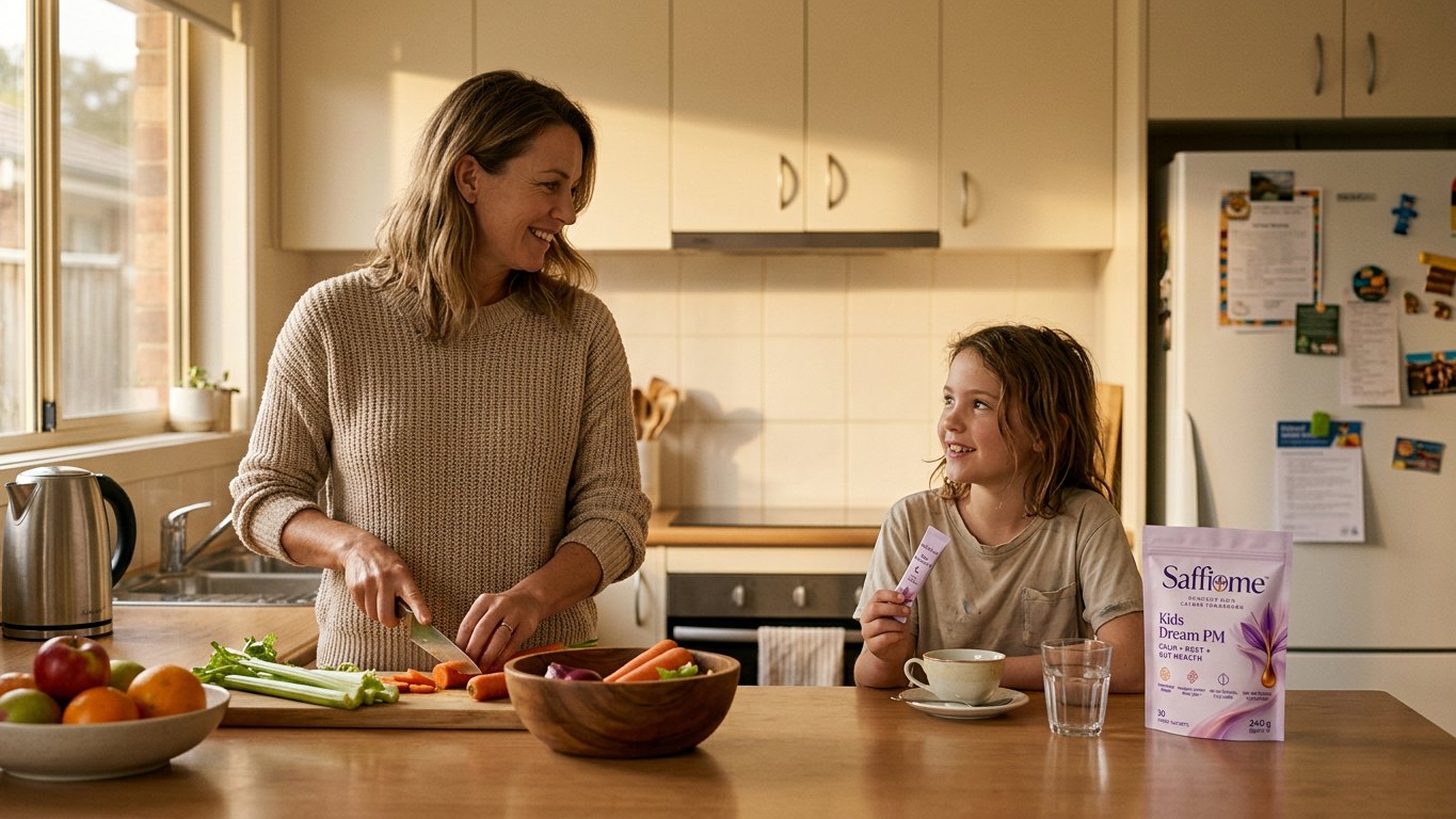 A mother chopping vegetables while her daughter sits at the kitchen table with a Dream PM sachet and a spoon, the pouch beside her