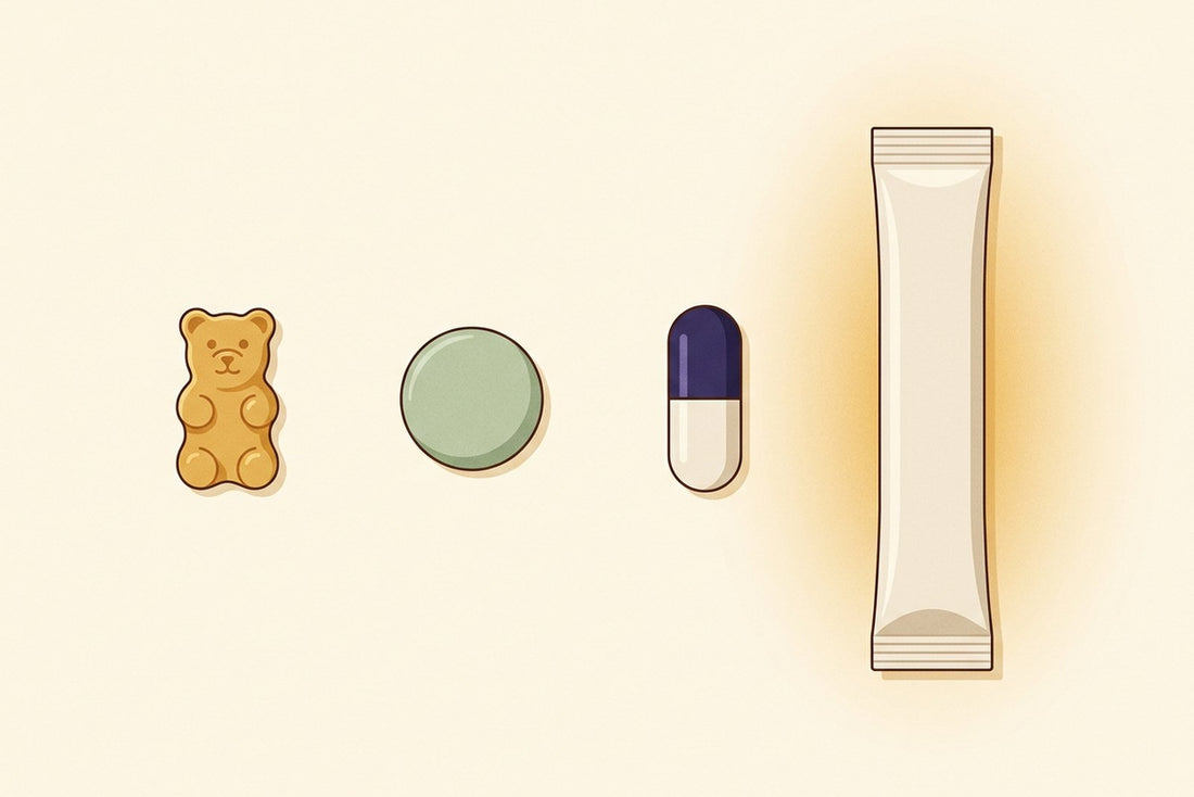 Four supplement formats in a row: a gummy, a chewable tablet, a capsule, and a stick sachet lit from behind