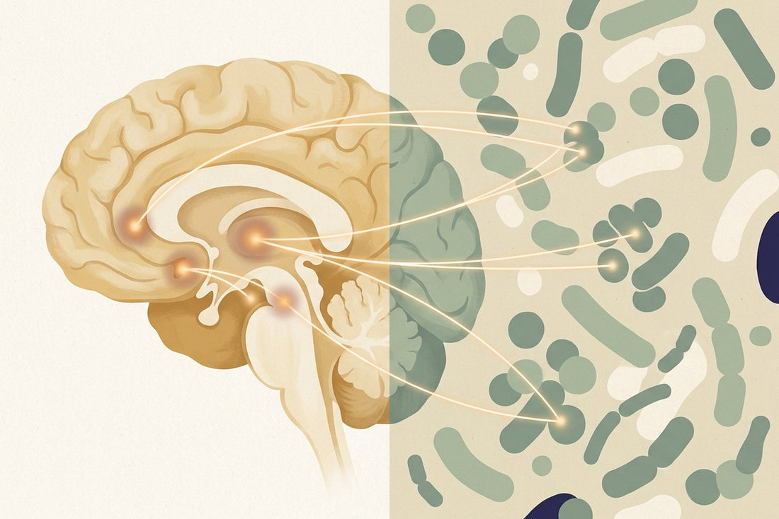 Editorial illustration: a human brain in profile on the left with three highlighted regions, gut bacteria on the right, and fine lines connecting the two