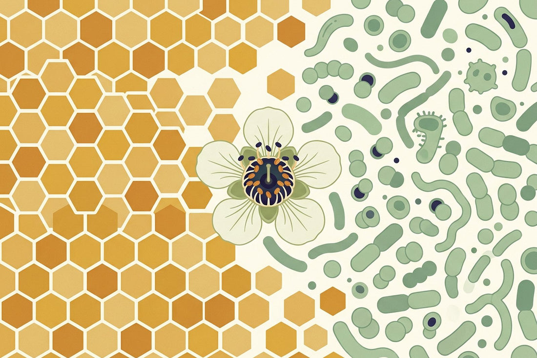 Honeycomb hexagons on the left dissolving into microscopic gut bacteria on the right, with a single Leptospermum manuka flower in the centre