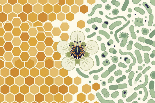 Honeycomb hexagons on the left dissolving into microscopic gut bacteria on the right, with a single Leptospermum manuka flower in the centre