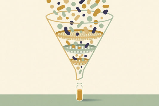 A funnel with three progressively finer sieve layers: many mixed shapes tumble in at the top and are caught, while a single clear amber vial emerges below