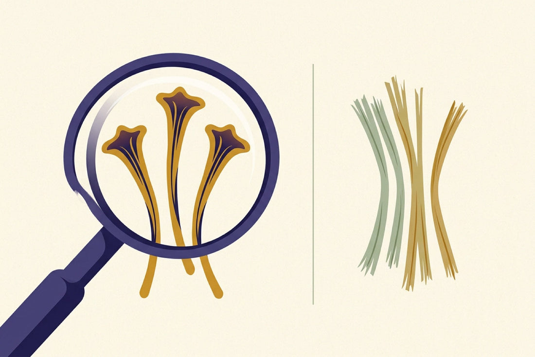 A magnifying glass over three saffron stigmas showing their flared trumpet ends, beside frayed straight-cut imposter strands