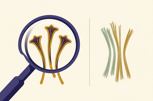 A magnifying glass over three saffron stigmas showing their flared trumpet ends, beside frayed straight-cut imposter strands