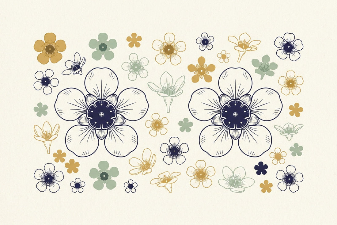 Two identical Leptospermum blossoms drawn side by side, with a scatter of smaller blossoms of many different forms behind them