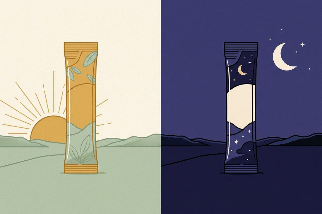 A split scene: a sachet in a cream sunrise on the left, a sachet under a crescent moon on the right