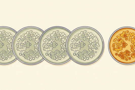 Five petri dishes in a row: four hold near-identical sage bacterial colonies, the fifth sits apart in amber