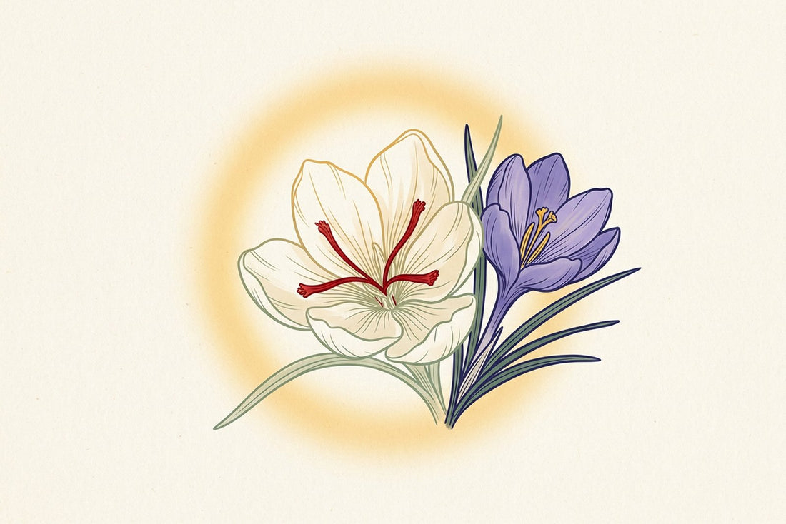 Saffron crocus flowers with three crimson stigmas, a golden halo behind them