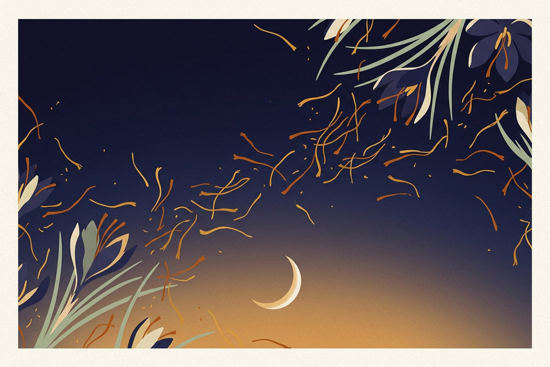 Saffron threads scattered across a deep indigo night sky with a crescent moon low on a warm amber horizon