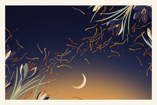 Saffron threads scattered across a deep indigo night sky with a crescent moon low on a warm amber horizon