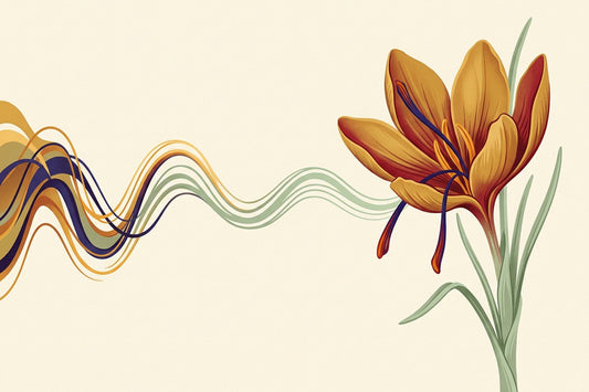 A saffron crocus flower on the right, with an abstract wave line running across the frame from turbulent to settled