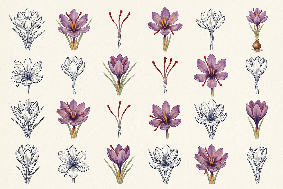 Botanical illustration: a grid of saffron crocus flowers showing their three crimson stigmas, some drawn as line studies and some fully coloured