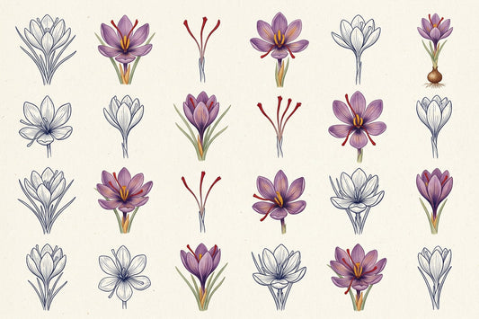 Botanical illustration: a grid of saffron crocus flowers showing their three crimson stigmas, some drawn as line studies and some fully coloured