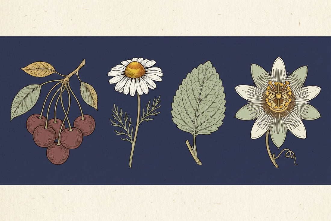 Four botanical specimens on a deep indigo ground: tart cherries, a chamomile flower, a lemon balm leaf and a passionflower bloom