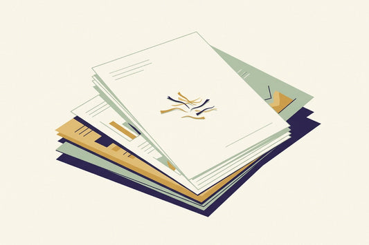 A fanned stack of research papers drawn as blank ruled sheets, with saffron threads resting on the top sheet