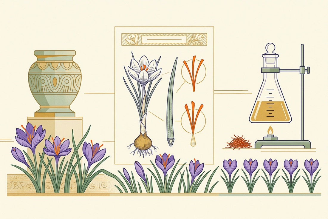 Three eras of saffron side by side: an ancient carved vessel, a botanical study of the crocus, and a modern laboratory flask, with crocus flowers growing along the base
