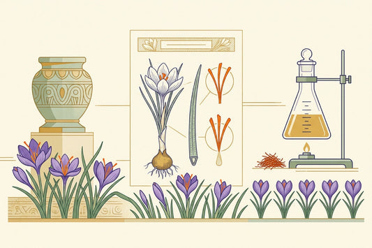 Three eras of saffron side by side: an ancient carved vessel, a botanical study of the crocus, and a modern laboratory flask, with crocus flowers growing along the base