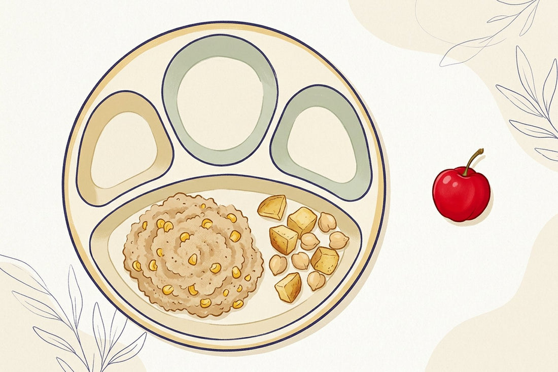 A divided children's plate holding a small beige meal, one red cherry sitting apart from it