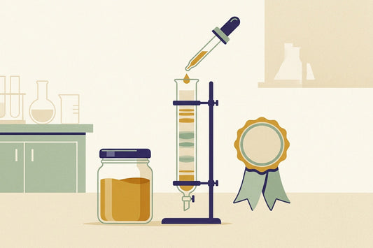 A honey jar on a laboratory bench beside a chromatography column showing separated bands of colour, a pipette and a certification seal