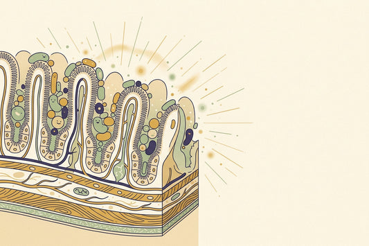 Cross section of an intestinal wall with rounded bacteria settled along it and light radiating outward
