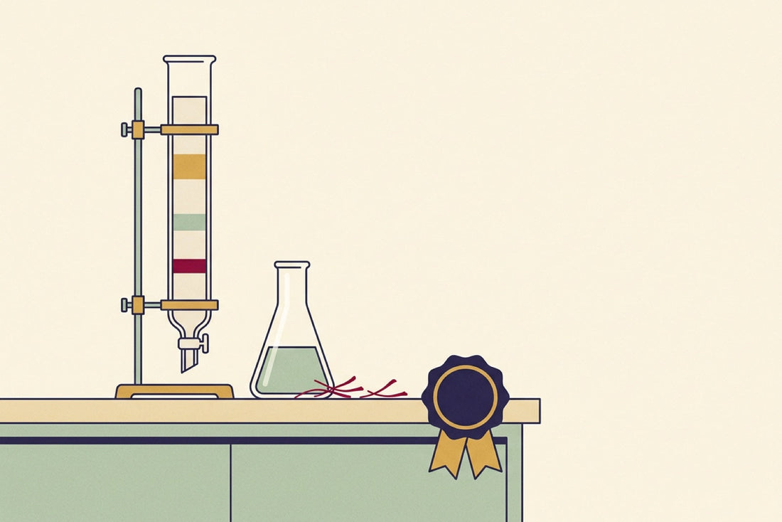A chromatography column showing separated bands of colour beside a laboratory flask, saffron threads and a certification seal