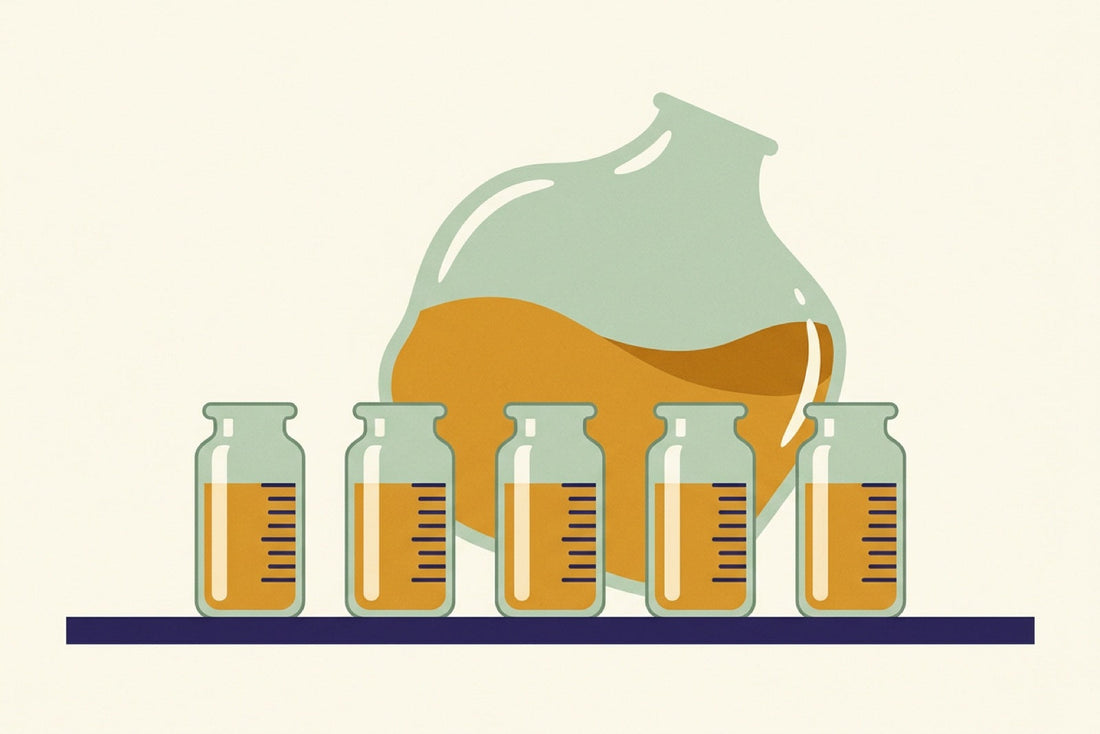 A row of identical laboratory vials filled to the same exact depth, with one irregular vessel behind them