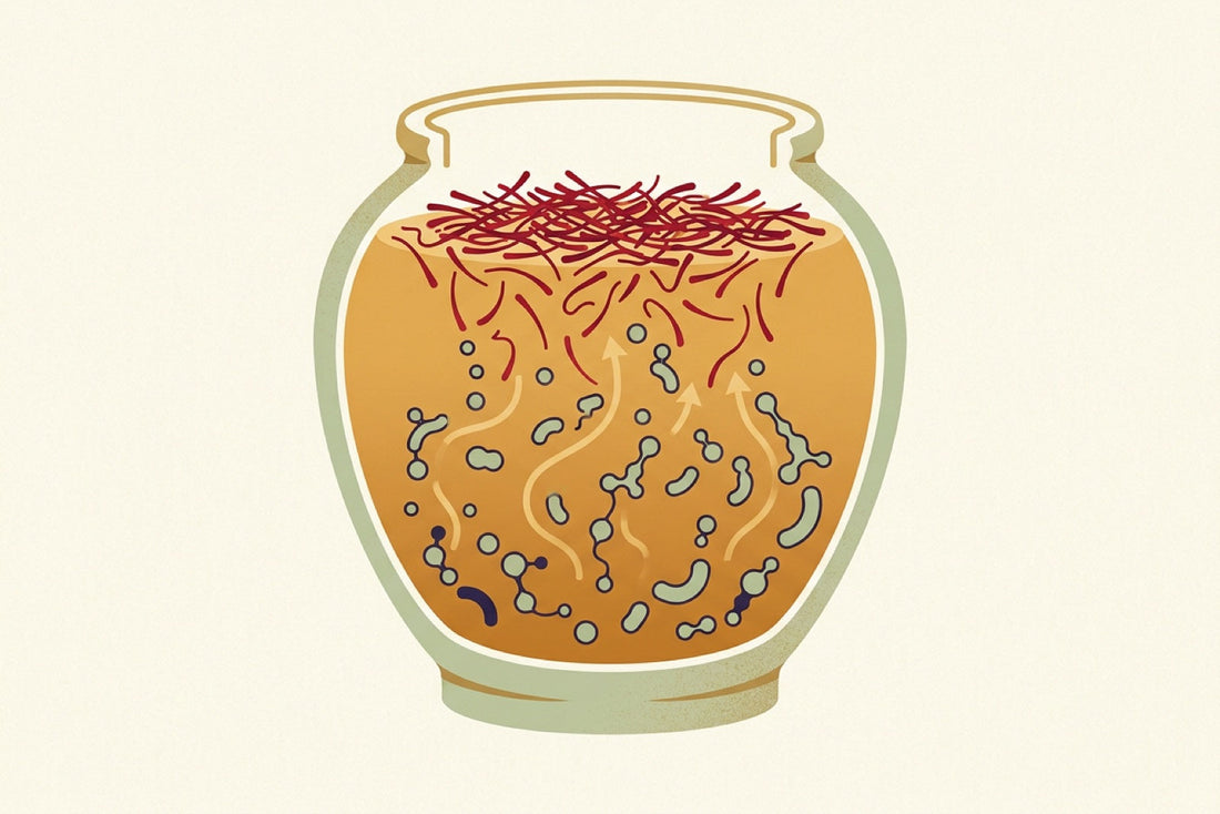 A fermentation vessel in cross section with saffron threads at the top dissolving into microbial forms and new compound shapes drifting up through amber