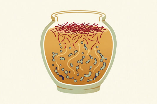 A fermentation vessel in cross section with saffron threads at the top dissolving into microbial forms and new compound shapes drifting up through amber