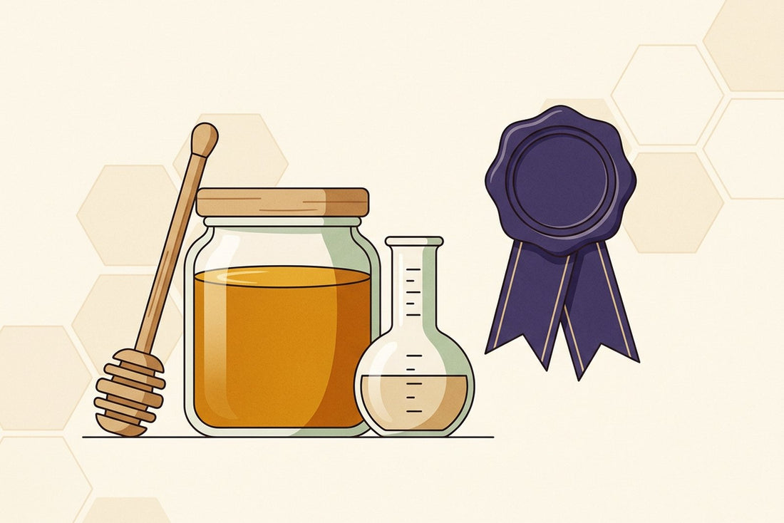 A jar of honey with a dipper beside a laboratory flask and a certification ribbon seal