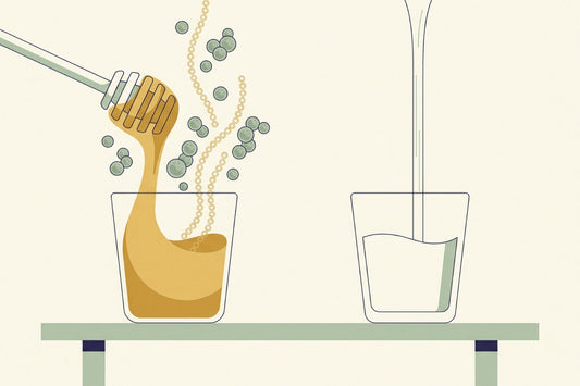 A honey dipper lifting a golden ribbon with fine chains and bacteria rising from it, beside a thin clear pour into a plain glass with nothing rising from it