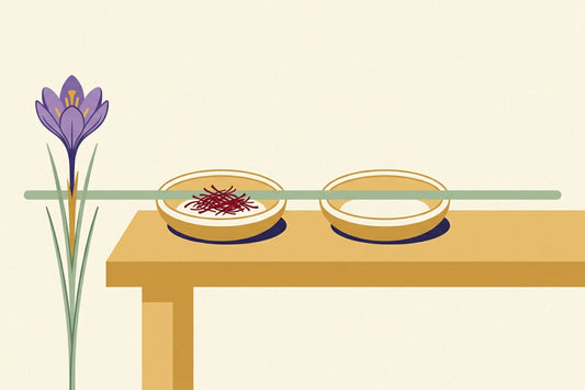 Illustration of two matching dishes on a bench, one holding a small pinch of crimson saffron threads and one empty, with a level sage-green line running across both and a violet saffron crocus beside them