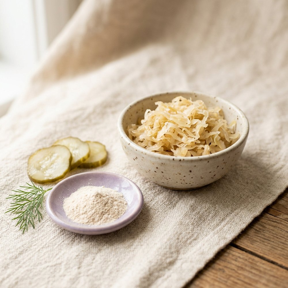 A bowl of fermented cabbage beside pickle slices and a small lilac dish of fine probiotic powder on linen