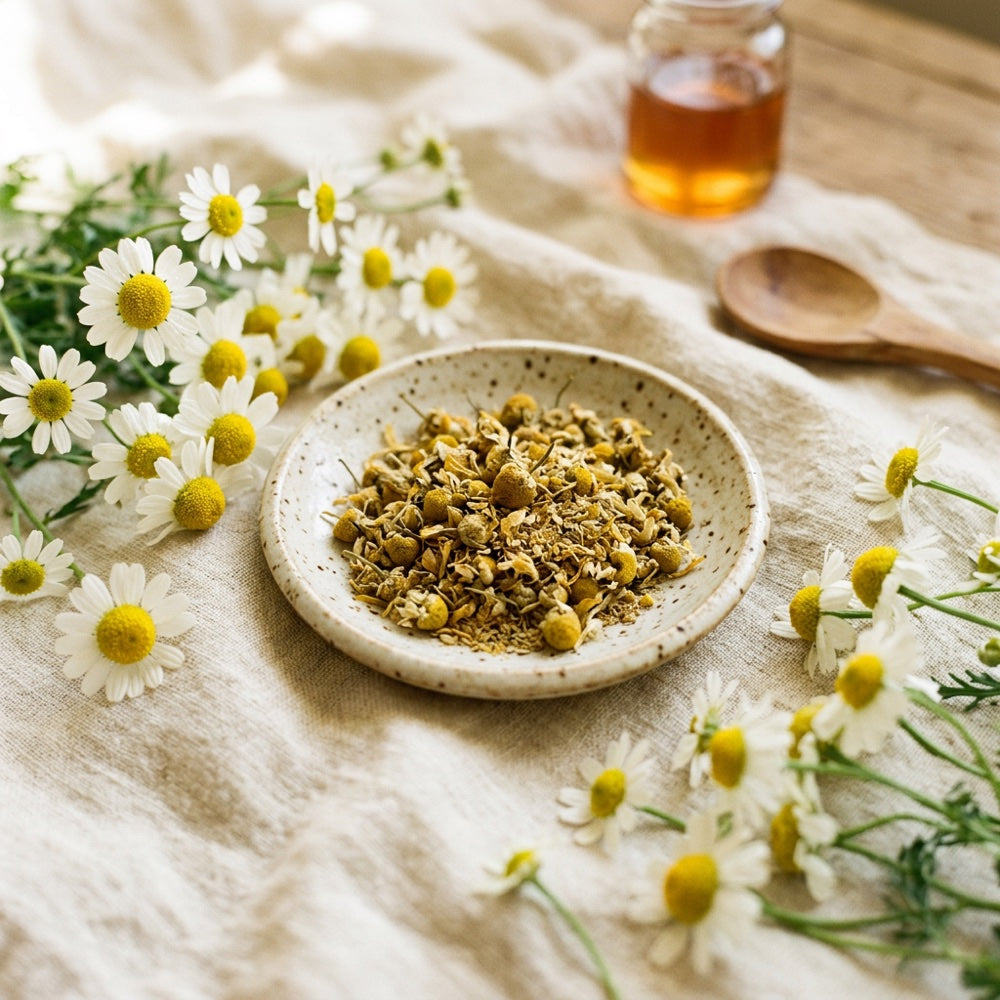 Fresh chamomile flowers around a dish of dried chamomile
