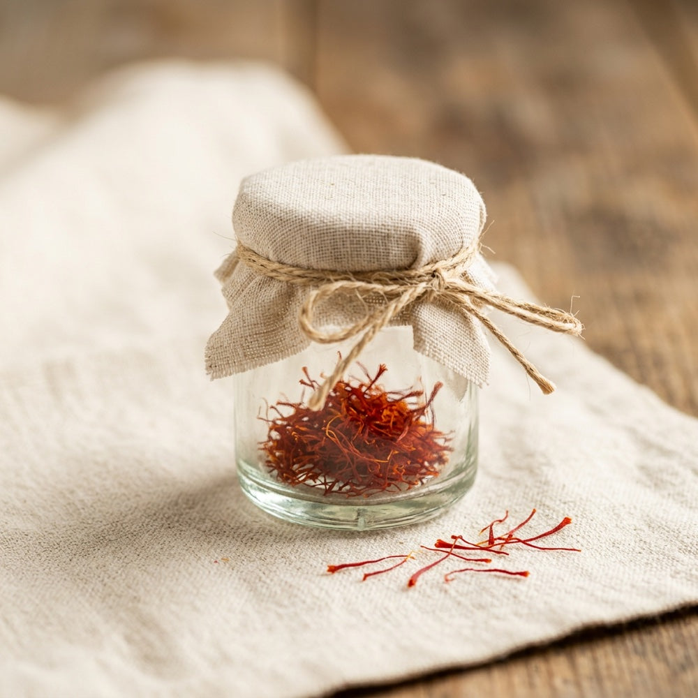 Saffron threads in a small fermentation jar