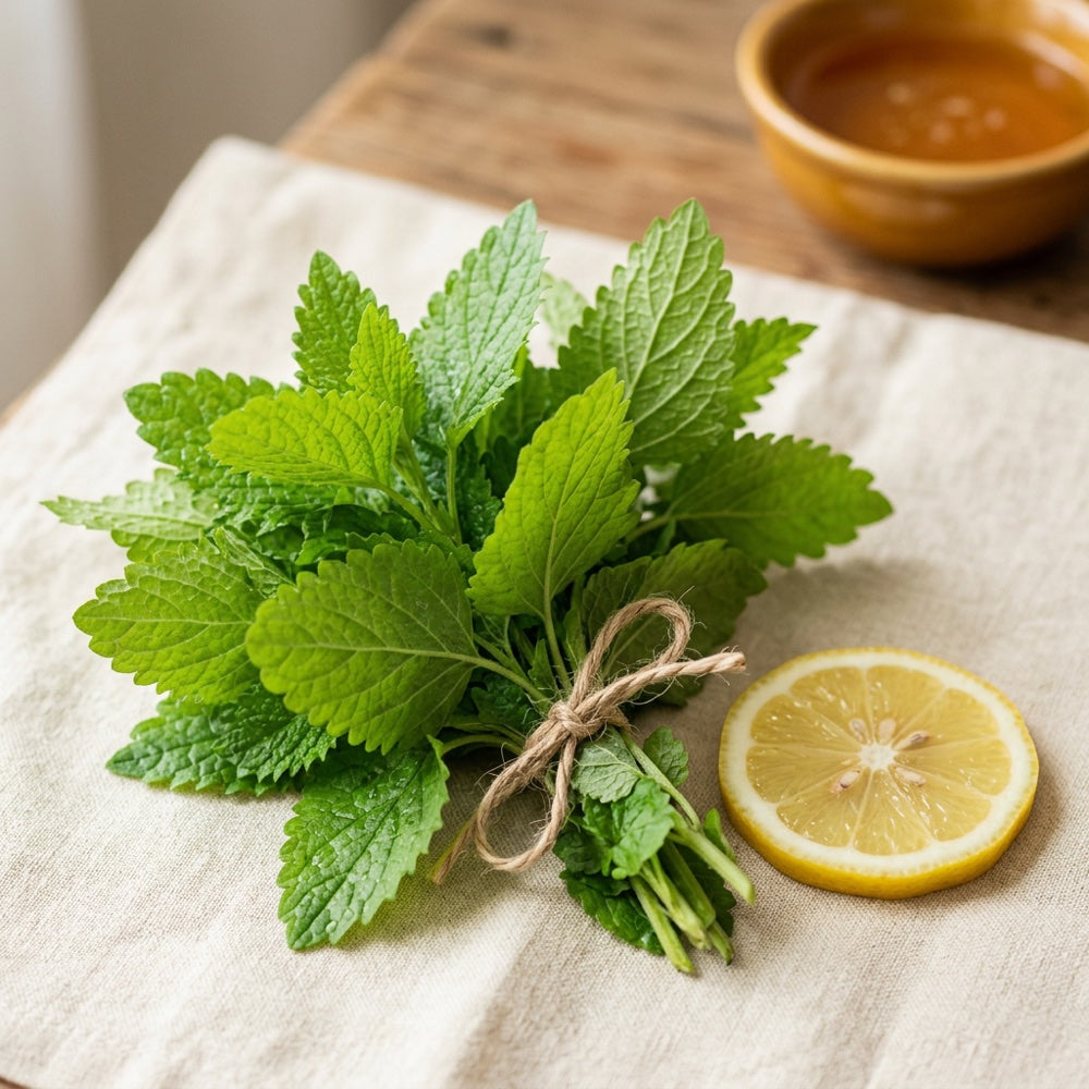 A bunch of fresh lemon balm tied with string beside a lemon slice