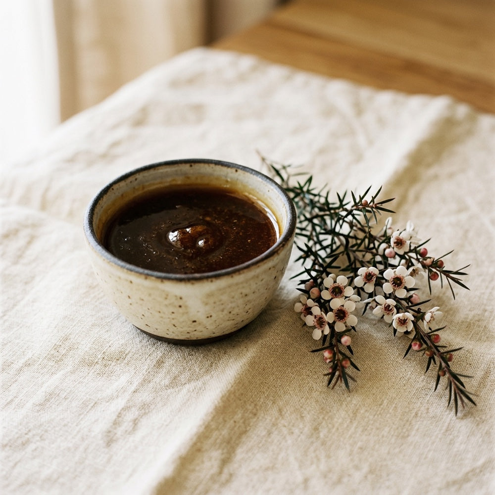 Australian Manuka honey beside Leptospermum flowers