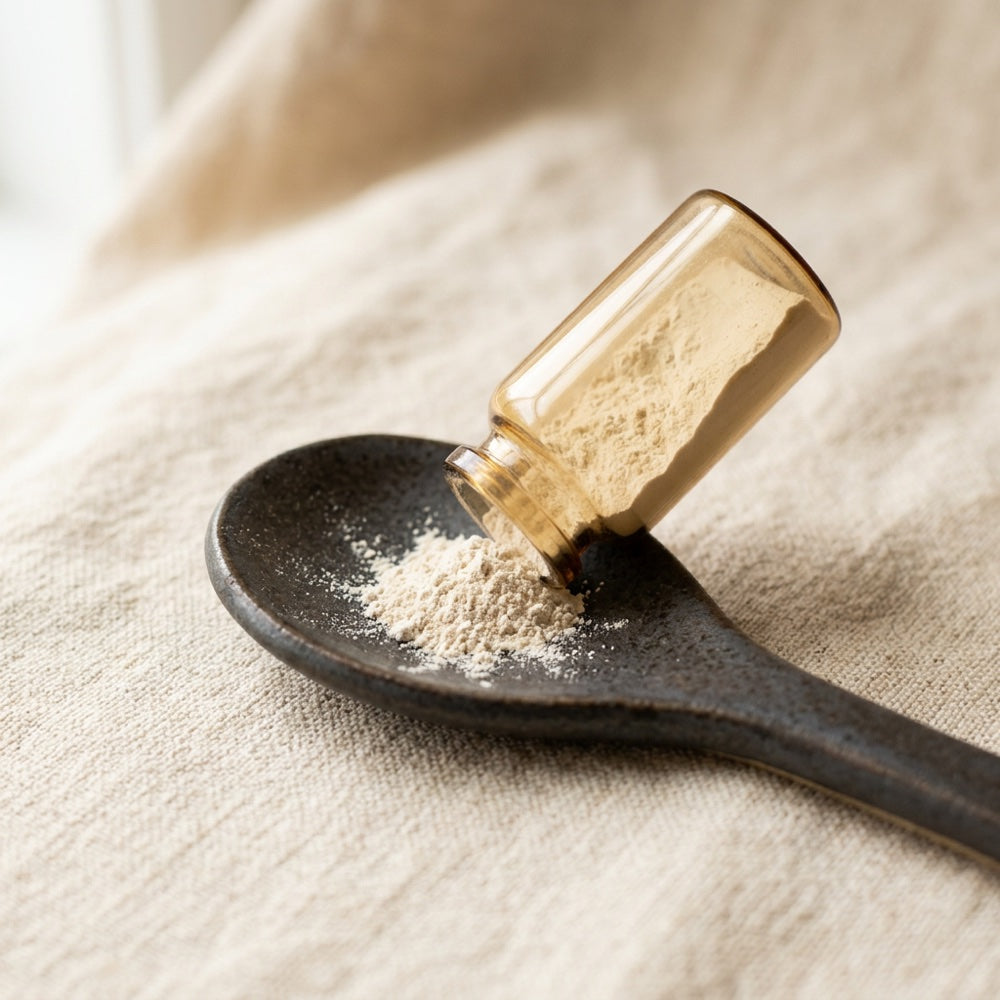 A vial of fine probiotic powder tipped onto a dark spoon