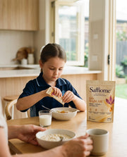 A girl of about eight squeezing a Bright AM sachet onto her porridge at breakfast, the pouch beside her bowl
