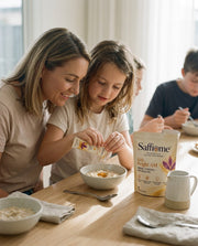 A girl squeezing a Bright AM sachet onto porridge at breakfast, her mum beside her and the pouch on the table