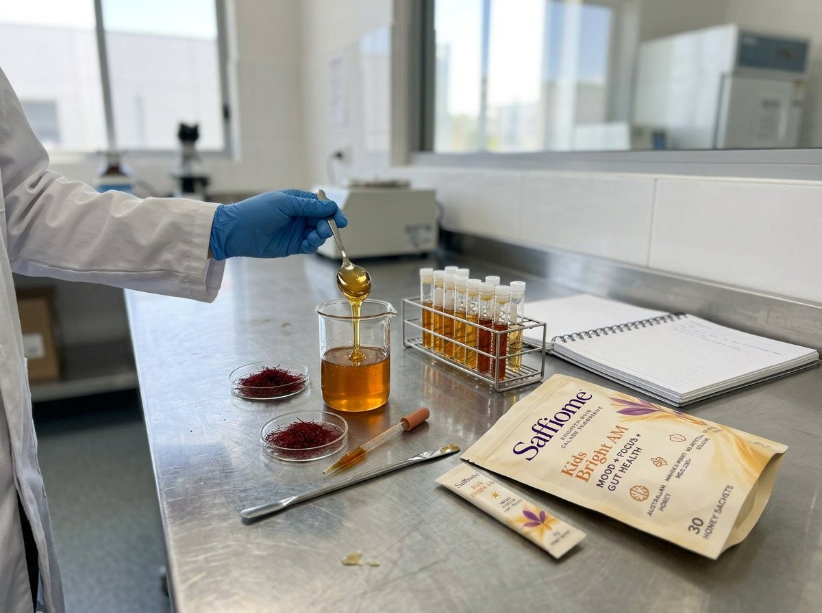 A gloved hand lifting a spoon of honey over a beaker on a lab bench, with saffron threads, test tubes, a notebook and a Kids Bright AM pouch and sachet