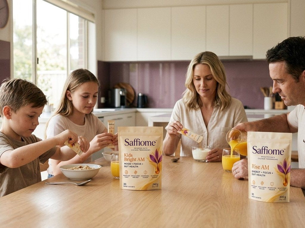 A family at the breakfast table: two children with Kids Bright AM sachets, a parent pouring juice beside a Rise AM pouch