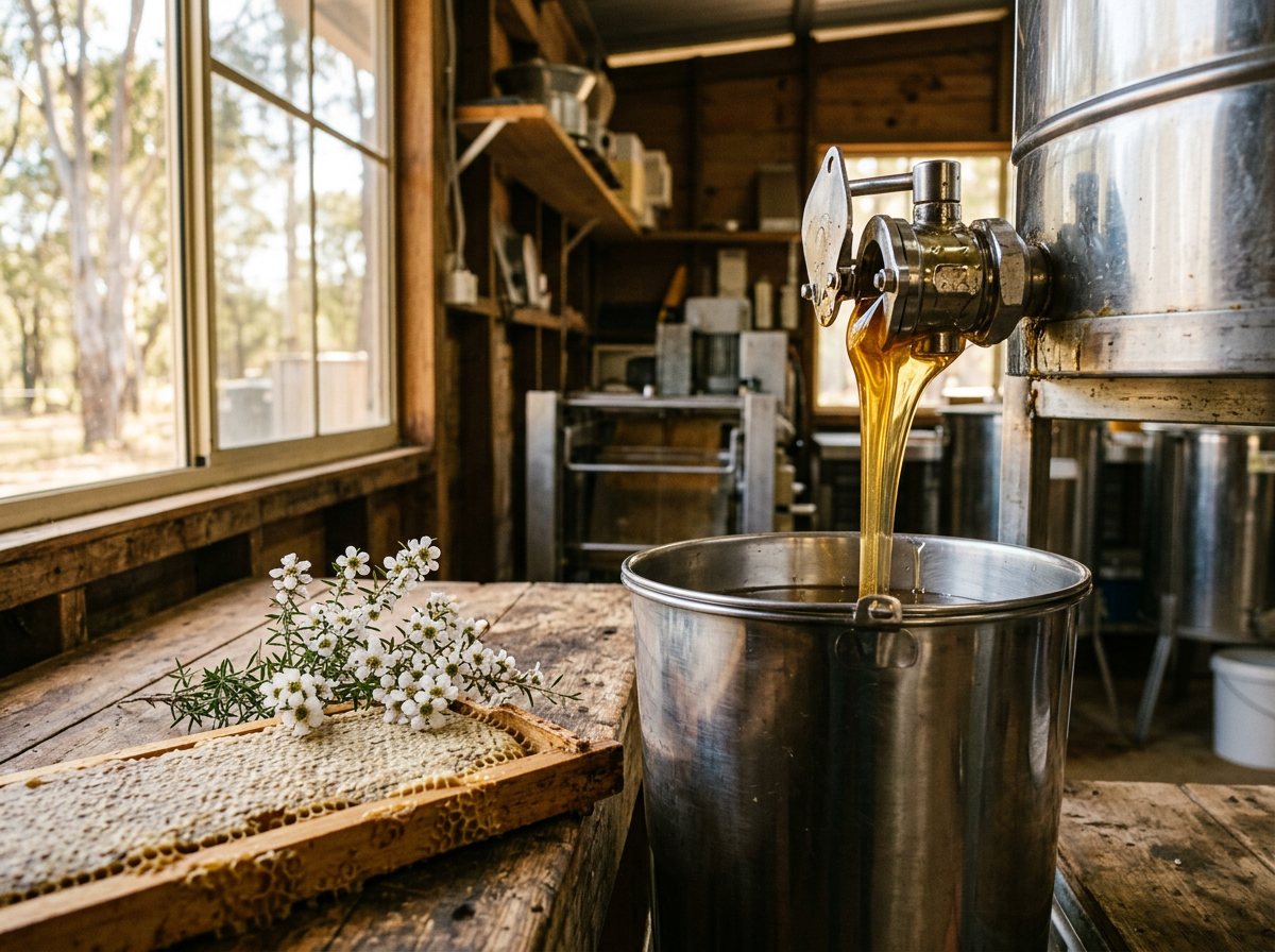 Honey pouring from a stainless honey gate into a pail in a honey house, a honeycomb frame and white Manuka flowers on the bench