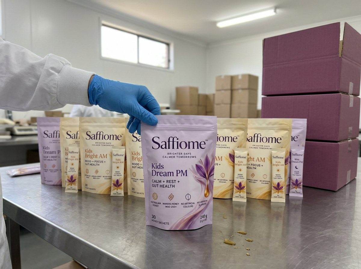 A gloved hand holding a Kids Dream PM pouch on a packing bench, a row of Bright AM and Dream PM pouches and plum shipping boxes behind