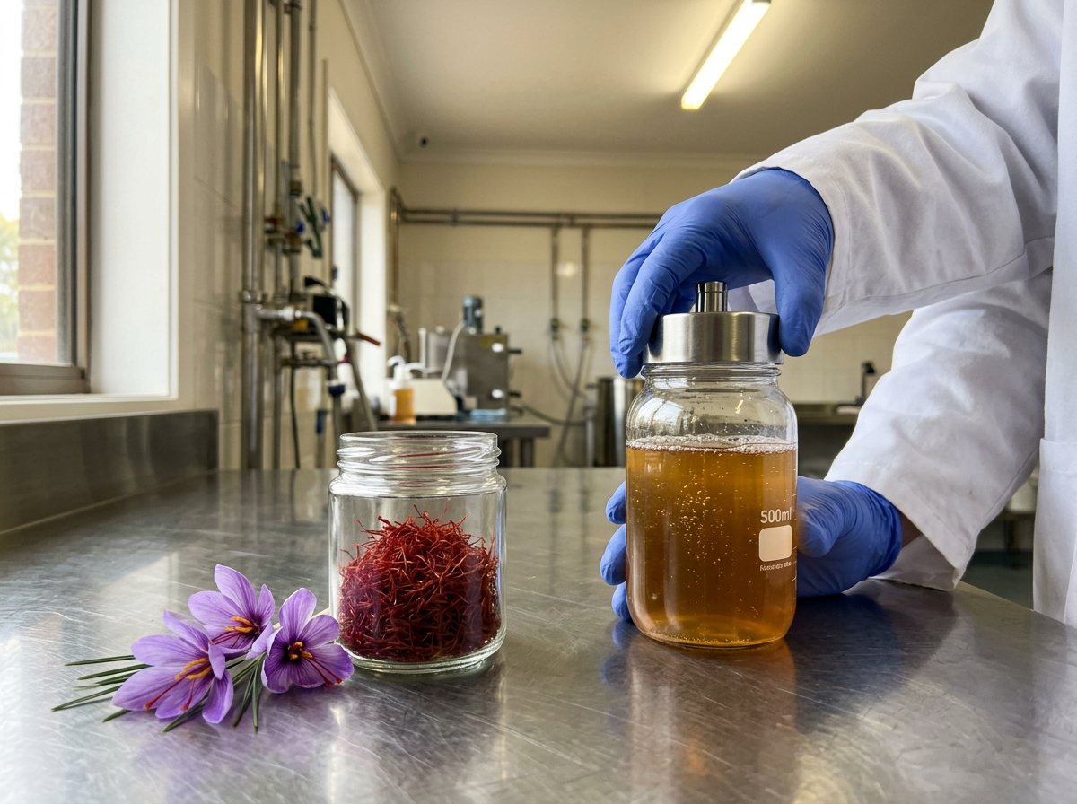 A jar of saffron threads and fresh crocus flowers beside a glass fermenter of amber liquid, a gloved hand on its lid