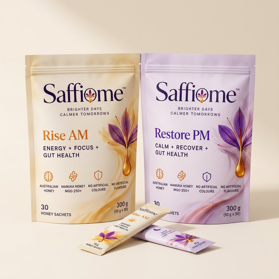 Adults Day-Night Bundle: the Rise AM and Restore PM pouches side by side with a sachet of each