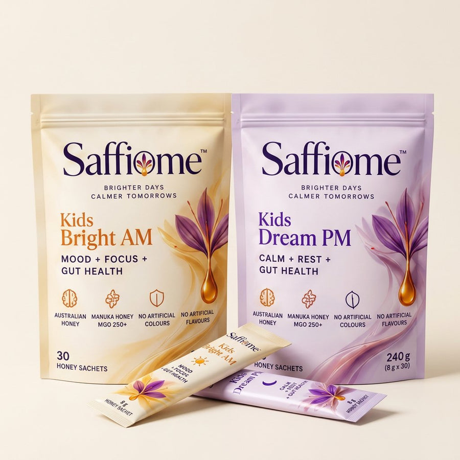 Kids Day-Night Bundle: the Bright AM and Dream PM pouches side by side with a sachet of each