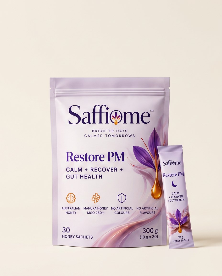 Restore PM pouch, 30 honey sachets, with one sachet leaning on it