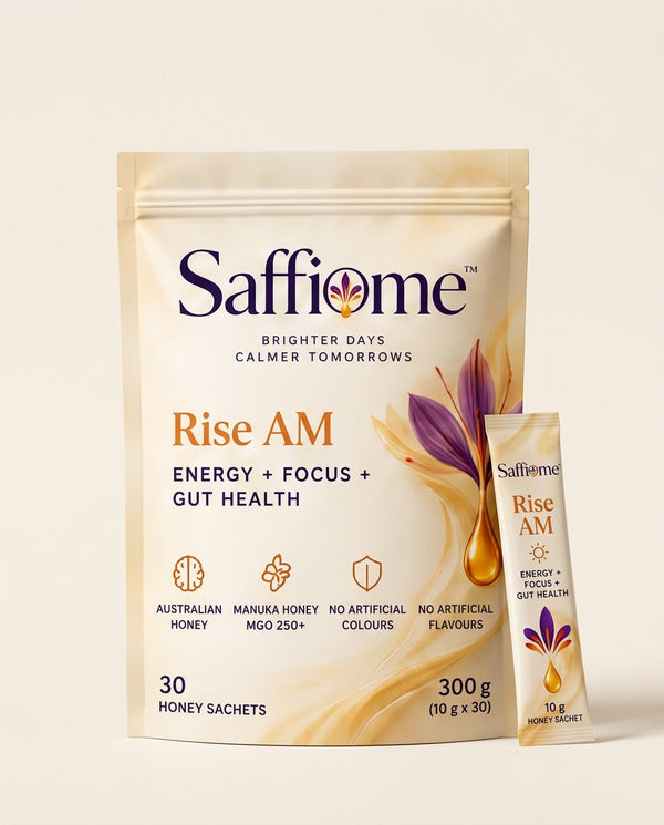 Rise AM pouch, 30 honey sachets, with one sachet leaning on it