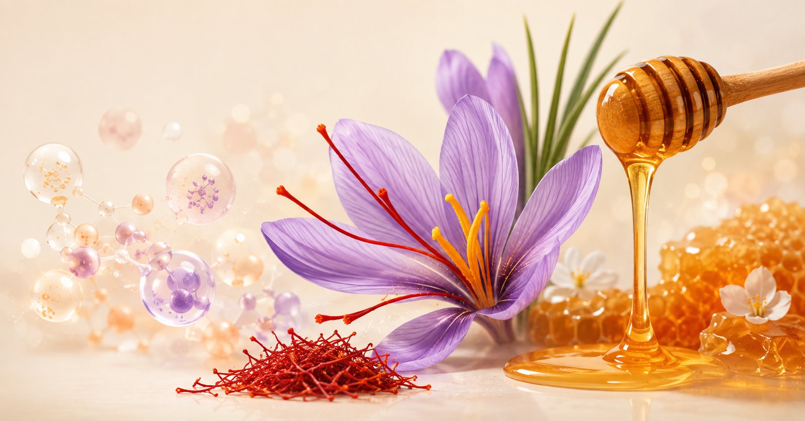 A saffron crocus with its three red stigmas, loose saffron threads, and honey running from a dipper onto honeycomb