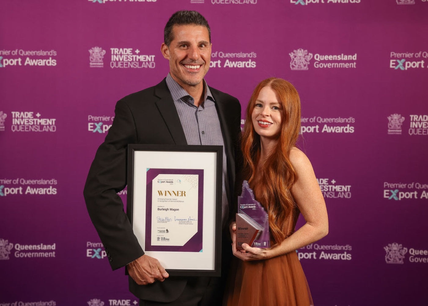Regan Merka accepting the Premier of Queensland Export Award for Burleigh Wagon
